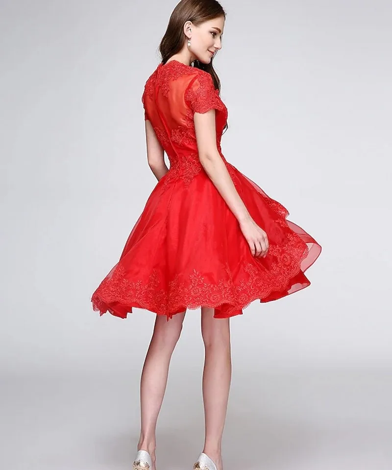 Robe trapèze rouge à manches courtes et col en V, appliques en dentelle, robe de soirée formelle, robe de Rhen organza, zones de cocktail élégantes, mignon