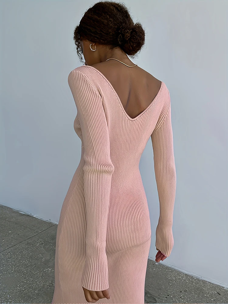 Autumn and Winter Women\'s V-neck Sexy Pink Knitted Long Dress Fashion Stripe Long Sleeve Elastic Slim Fit Dress S-2XL