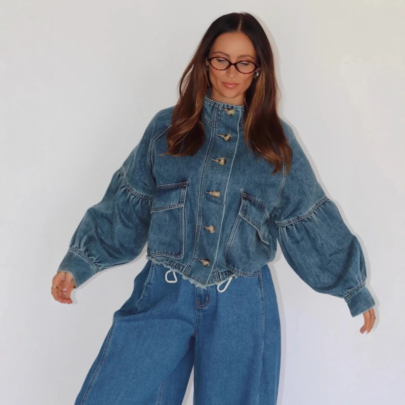 

Women Denim Coats Stand Collar Coat Puff Sleeve Jackets Y2k Streetwear Work Casual Loose Elegant Splice Jacket 2026 Spring