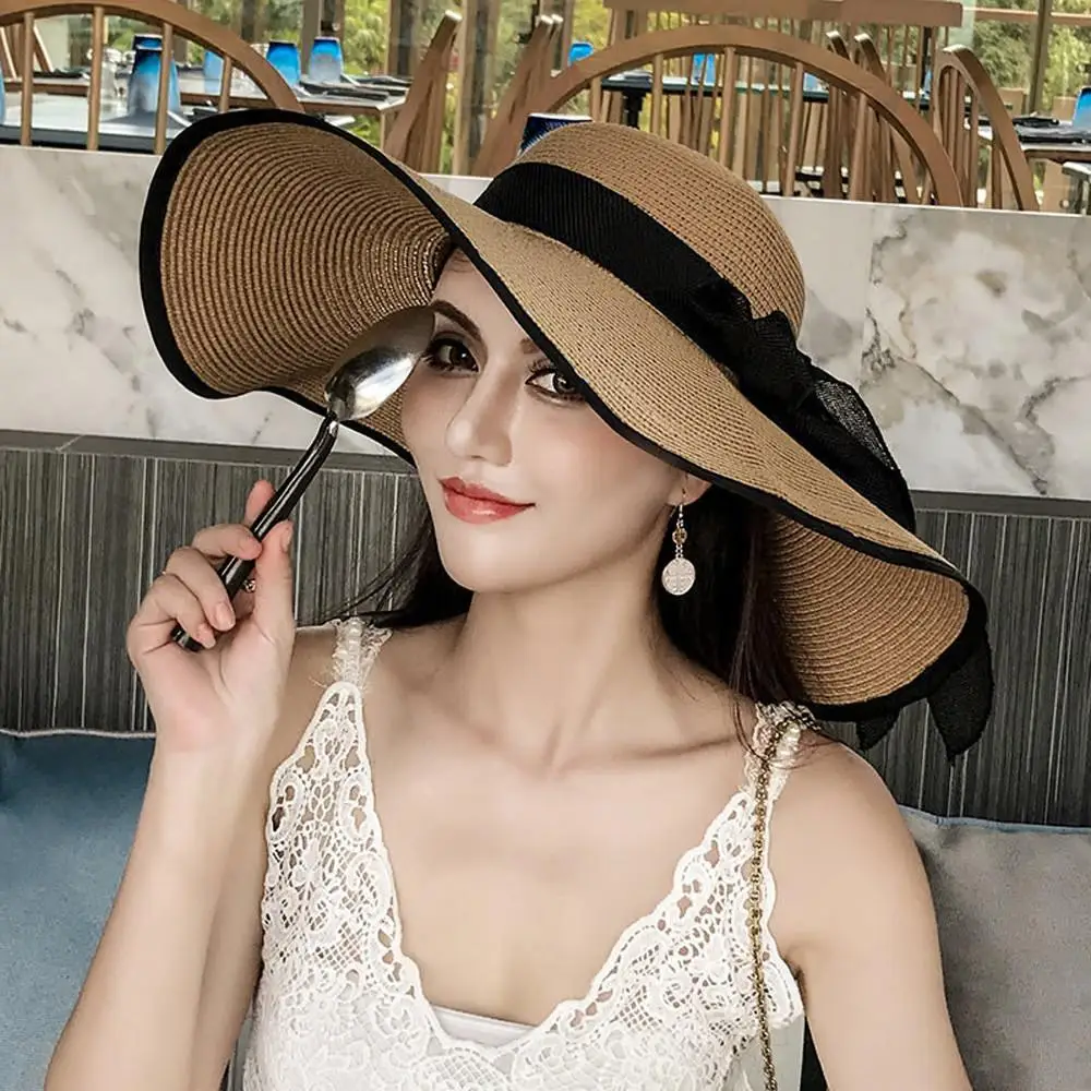 outdoor Seaside woman fashion big Bow large brimmed Sun Protection Cap Foldable Straw Hat