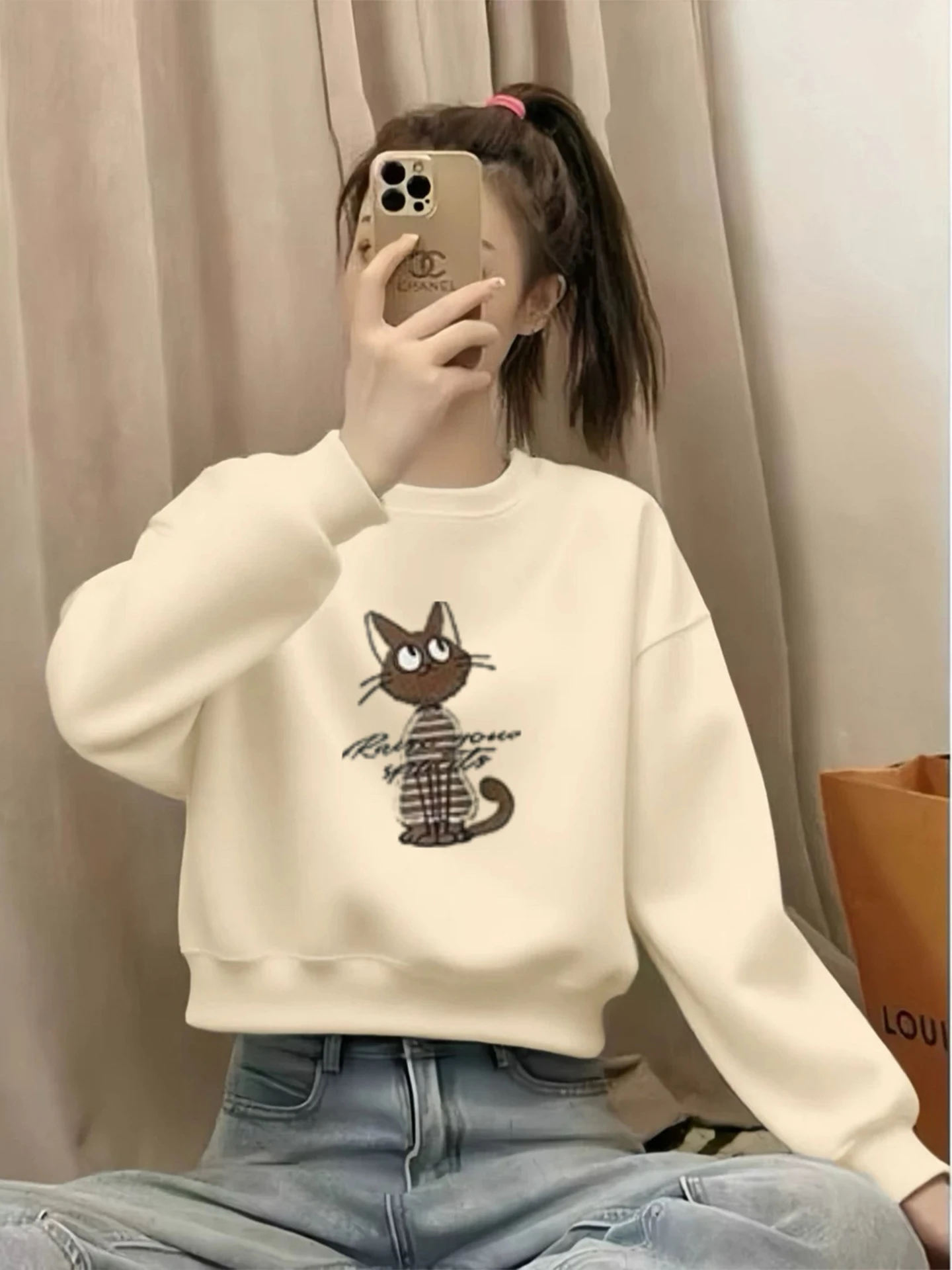 

Loose Fleece Lined Short round Neck Sweatshirt Women's Fashionable Stylish Small Size Korean Style Cotton Blend Spring Summer