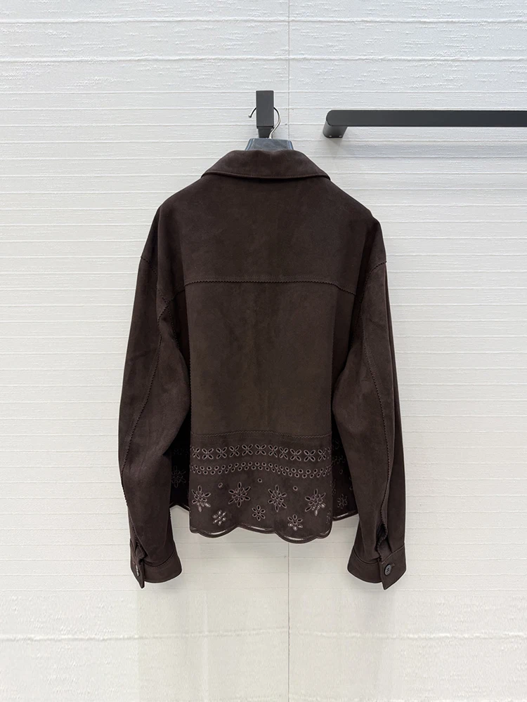 Spring Autumn Fashion Brown Vintage Suede Nap Sheepskin Jacket Women's Turn-down Collar Hollow Out Embroidery Long Sleeve Coat