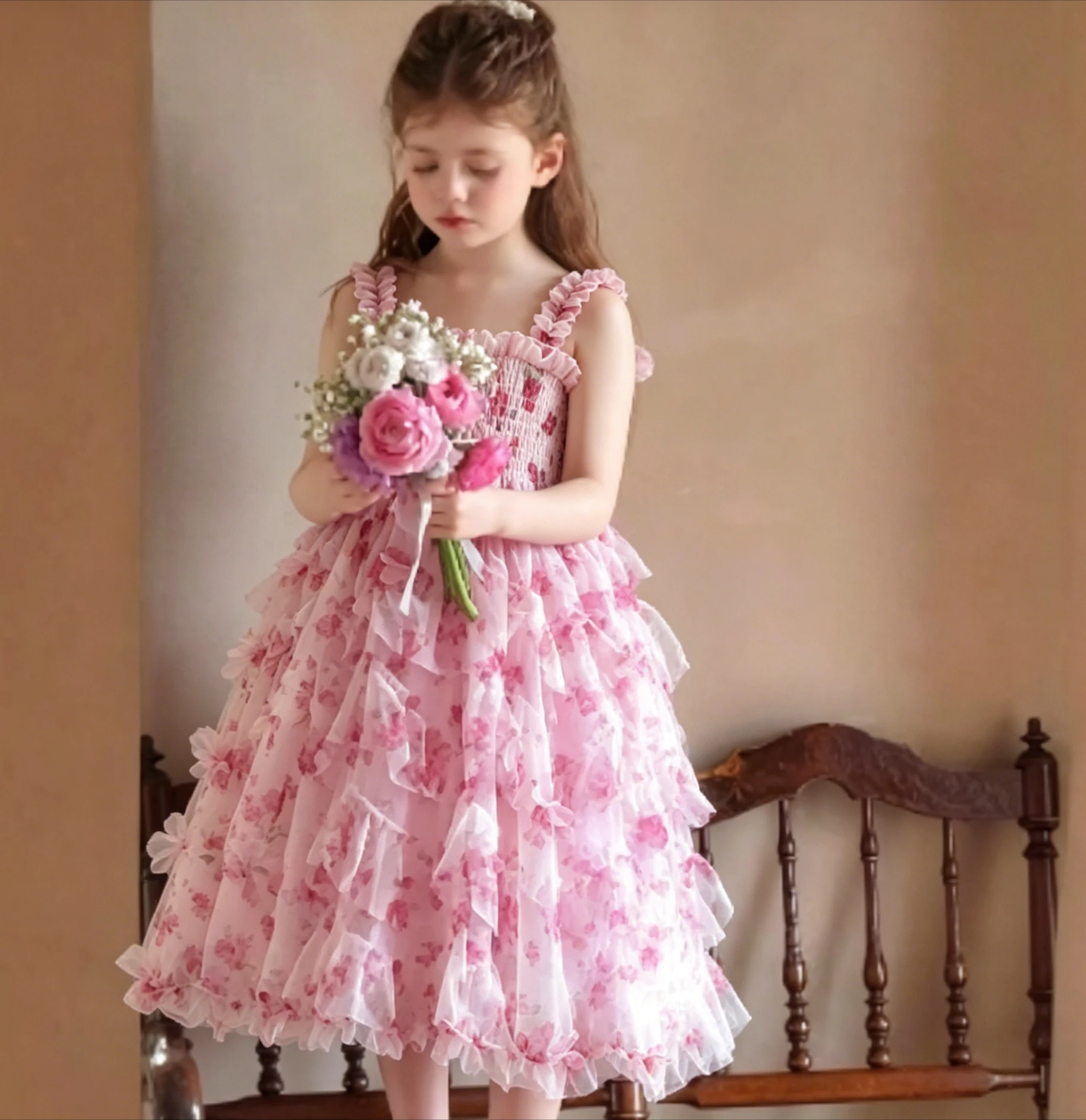 

Girls Mesh Floral-print Camisole Dress Sleeveless 2026 Spring Summer New Girls Sweet Princess Dress