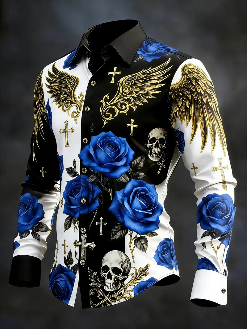 New 11 color men's long sleeved lapel shirt with fashionable 3D flower print cross pattern long sleeved shirt