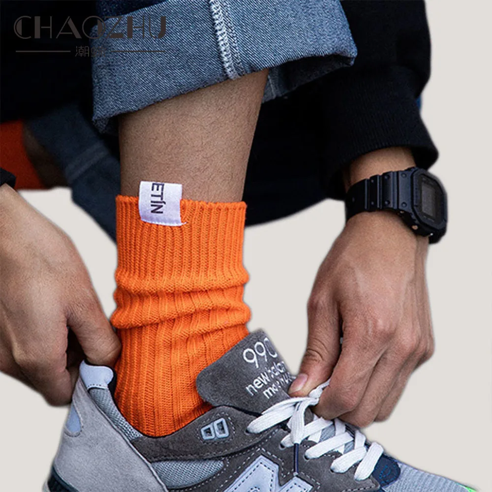 CHAOZHU Male Socks Solid Colors Rib Cotton Thicken Label Top Bright Colors Neon Orange White Red Grey Stretch Heavy Industry Sox