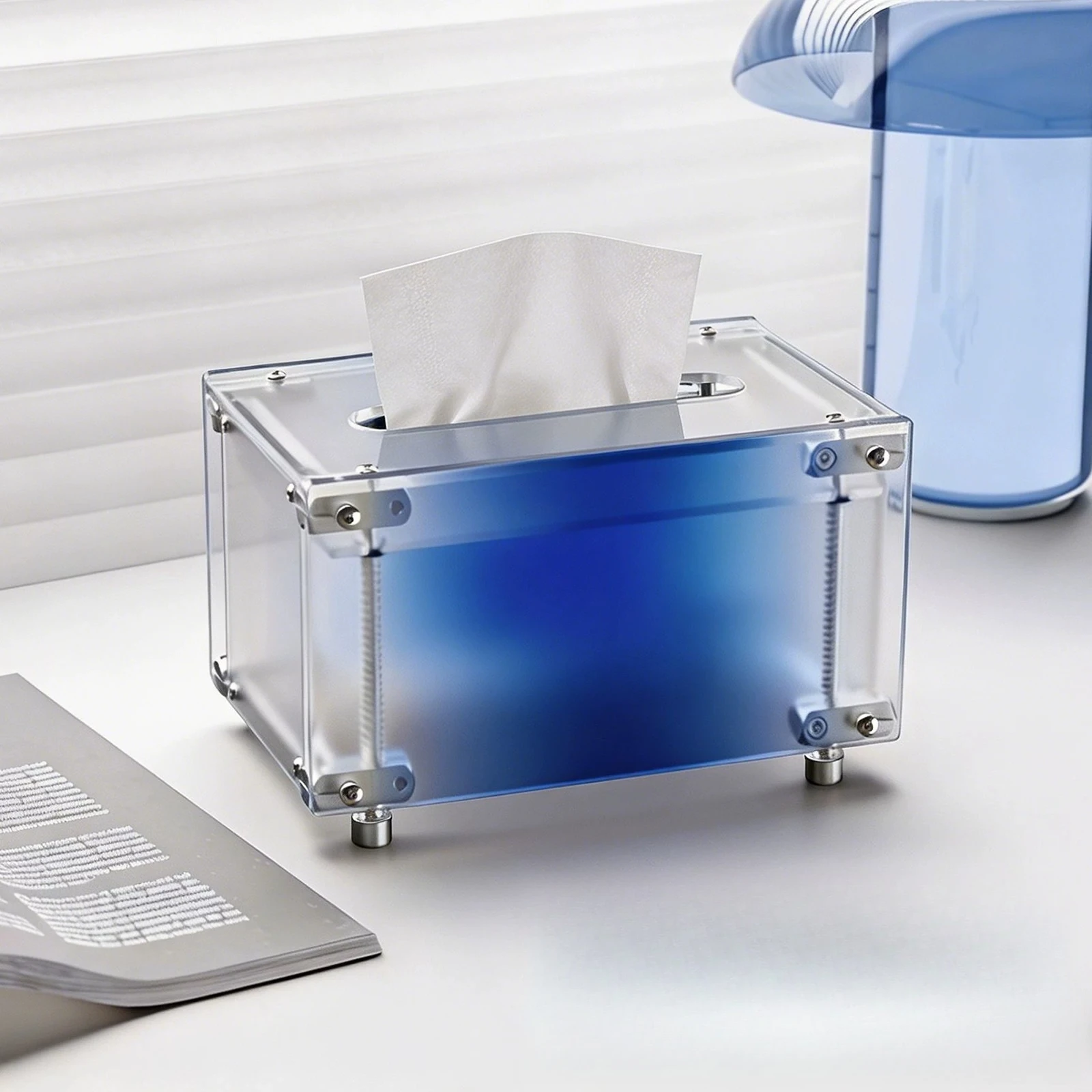 Unique design acrylic tissue box with auto spring light shaft, stylish desktop paper drawer storage holder for daily home office