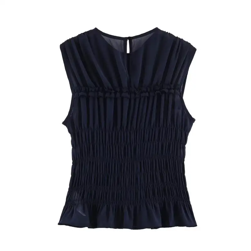 Maxdutti Minimalist Slim Fit Solid Color Pleated Sleeveless Round Neck Top Women's Blouses And Shirt Woman Cloth Southern France