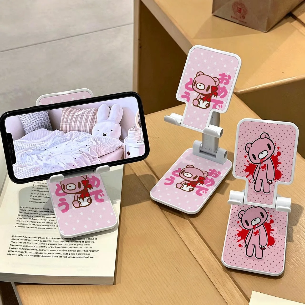 Foldable Phone Stand with Cute Cartoon Bear Design, Pink Adjustable Desk Phone Holder, Portable Folding Stand