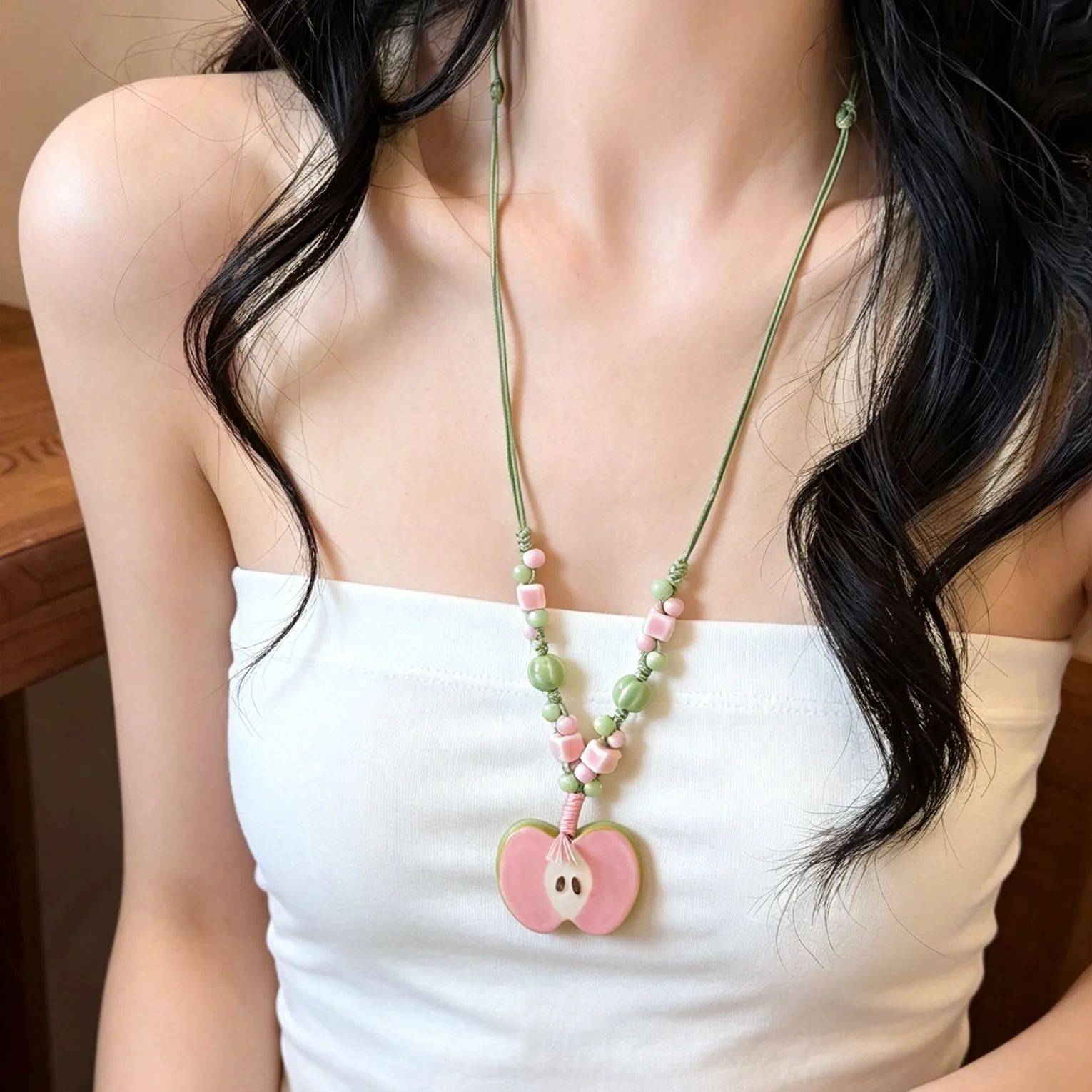 Summer Fresh Ceramic Apple Necklace for Women: Unique, Vacation-Inspired, Beachy-Chic Long Chain Necklace