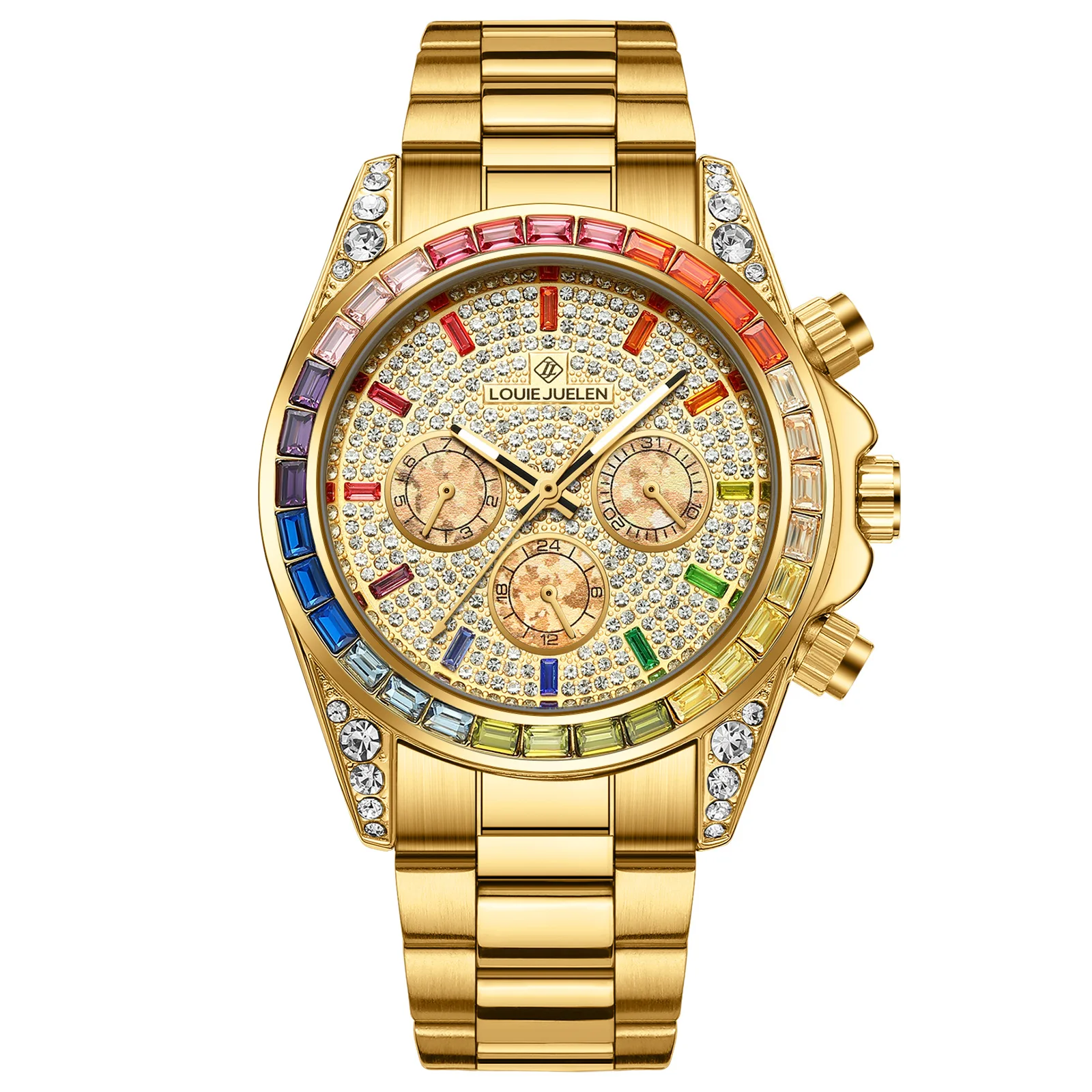 

Мужские часы LOUIE JUELEN с хронографом, золотистым корпусом и разноцветными кристаллами, роскошные механические часы с радужным циферблатом.