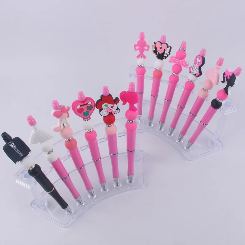 Pink Silicone Bead Ballpoint Pen Sweet Cartoon Heart Dresses Bead Beadable Pen DIY Students Gift Teacher Multifunctional Pen