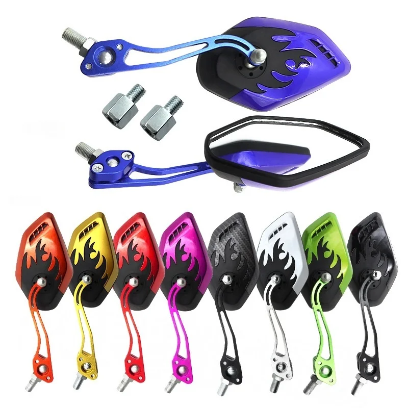 1Pair 8mm/10mm Universal Motorcycle Rear View Mirror Adjustable Side Mirrors for Handlebars Aluminum Flame Pattern with Screws