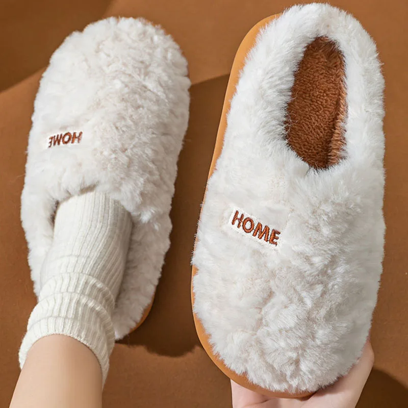 

New Winter Plush Warm Women Cotton Slippers Casual Indoor Home Fluffy Slides Men Anti-Slip Autumn Bedroom Soft Furry Shoes