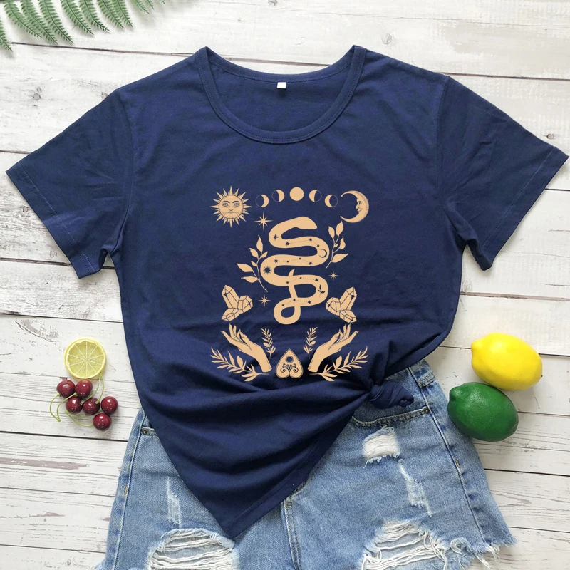 

Celestial moon phase witchy woman tshirt vintage women short sleeve witch magic tee shirt top