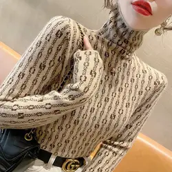 Women's Turtleneck Sweater Bottom Autumn and Winter Fashion Commute Printed Contrast Color Striped Long Sleeve Slim Sweater Tops