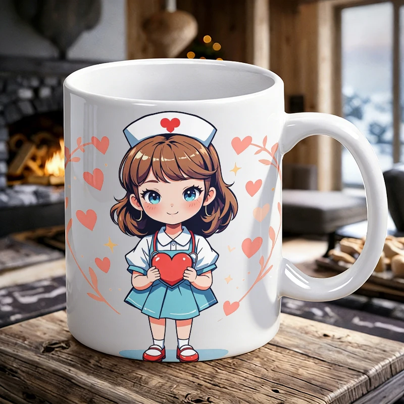 nurse day Mug Coffee Cup Ceramic Cup Adorable Nurse Cartoon with Heart-Themed Decor