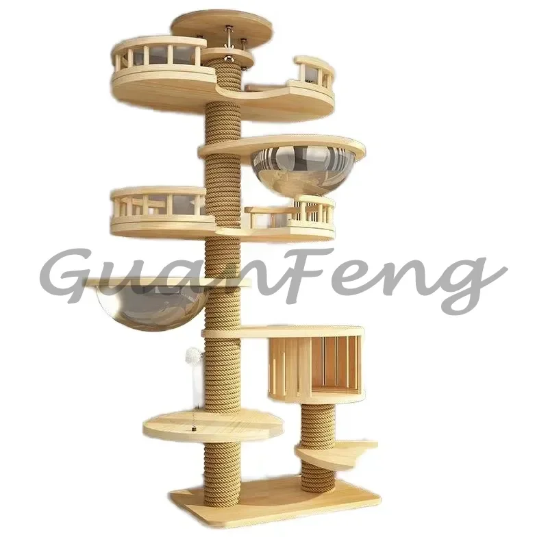 Large Solid Wood Cat Tower Floor Standing Type, Luxury Tall Cat Climbing Tree With Scratching Pole, Platform and Cat Condo Nest