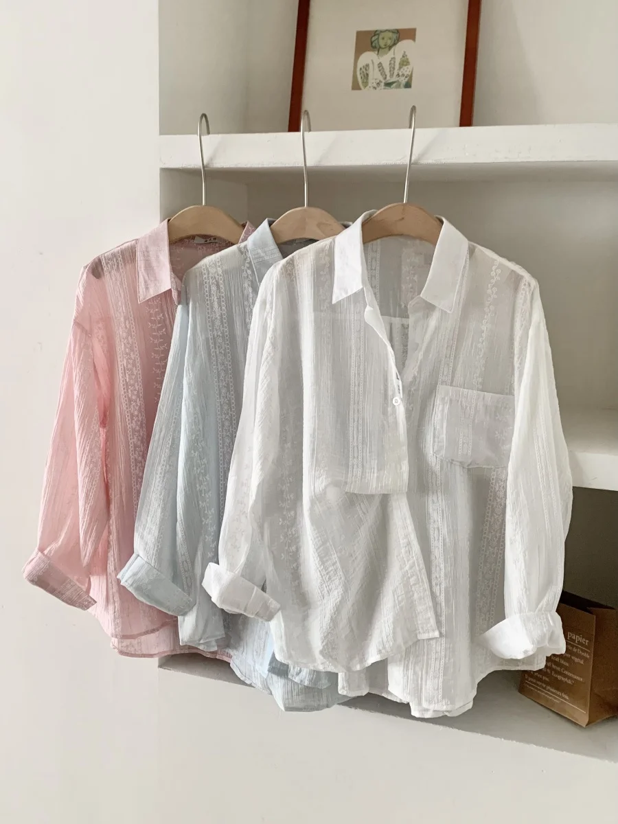 

Wedblese Sweet Micro Transparent Sunscreen Long Sleeve Shirt Women 2025 Summer New Lace Hook Flower Atmosphere Stacked Top