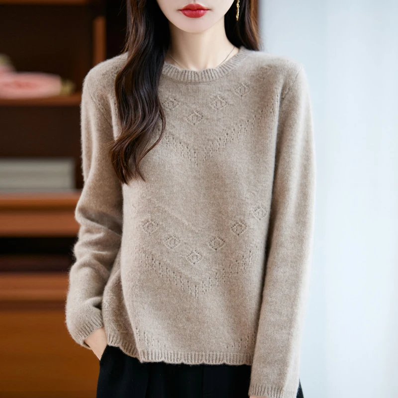Pull en cachemire évidé à col rond pour femme, 100% laine mérinos, tricot, manches Leurs lan, décontracté, chaud, automne, hiver