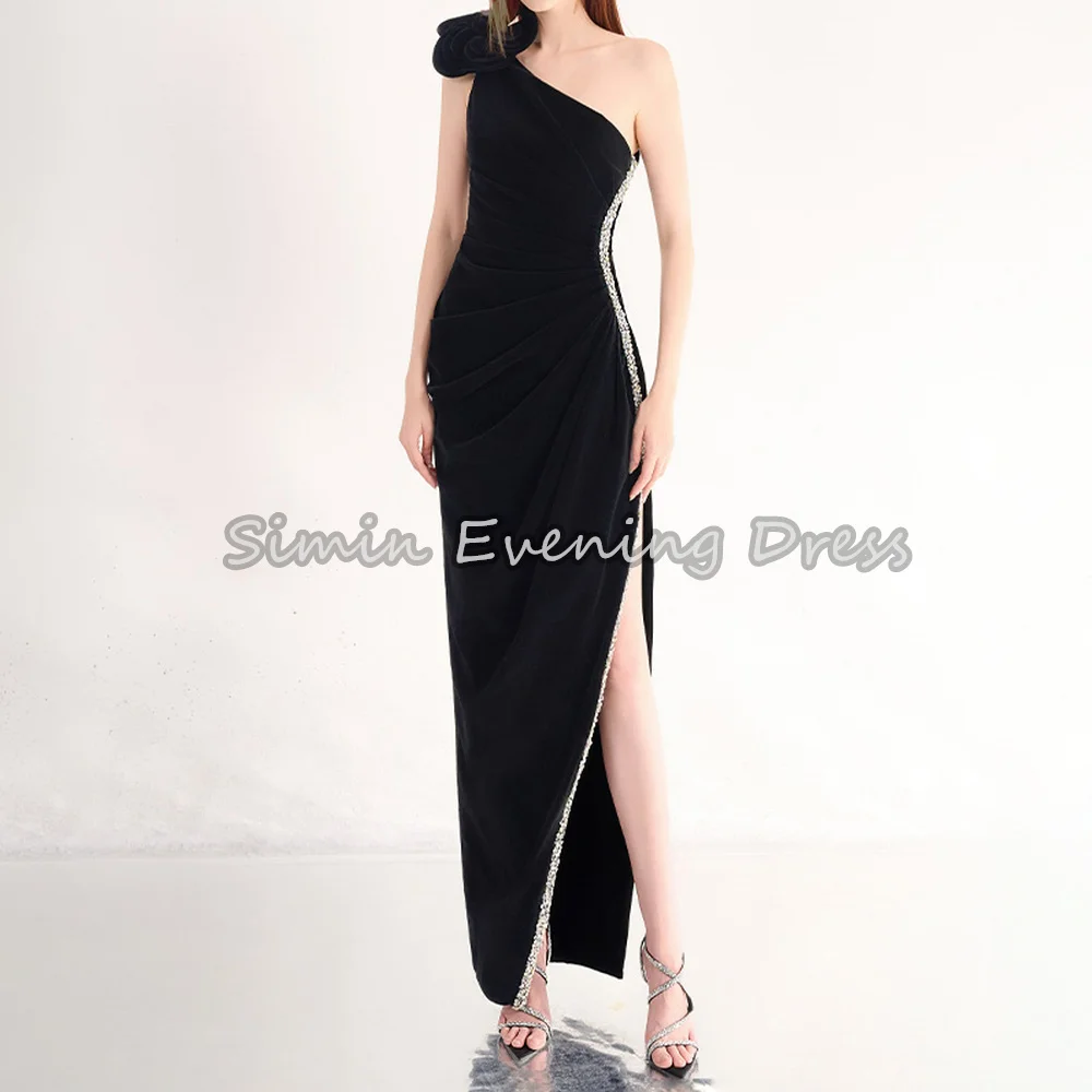 

Simin Crepe Straight One-shoulder Neckline Beading Simple Saudi Evening Dresses For Women 2025 With Slit Arab Formal Party Dress