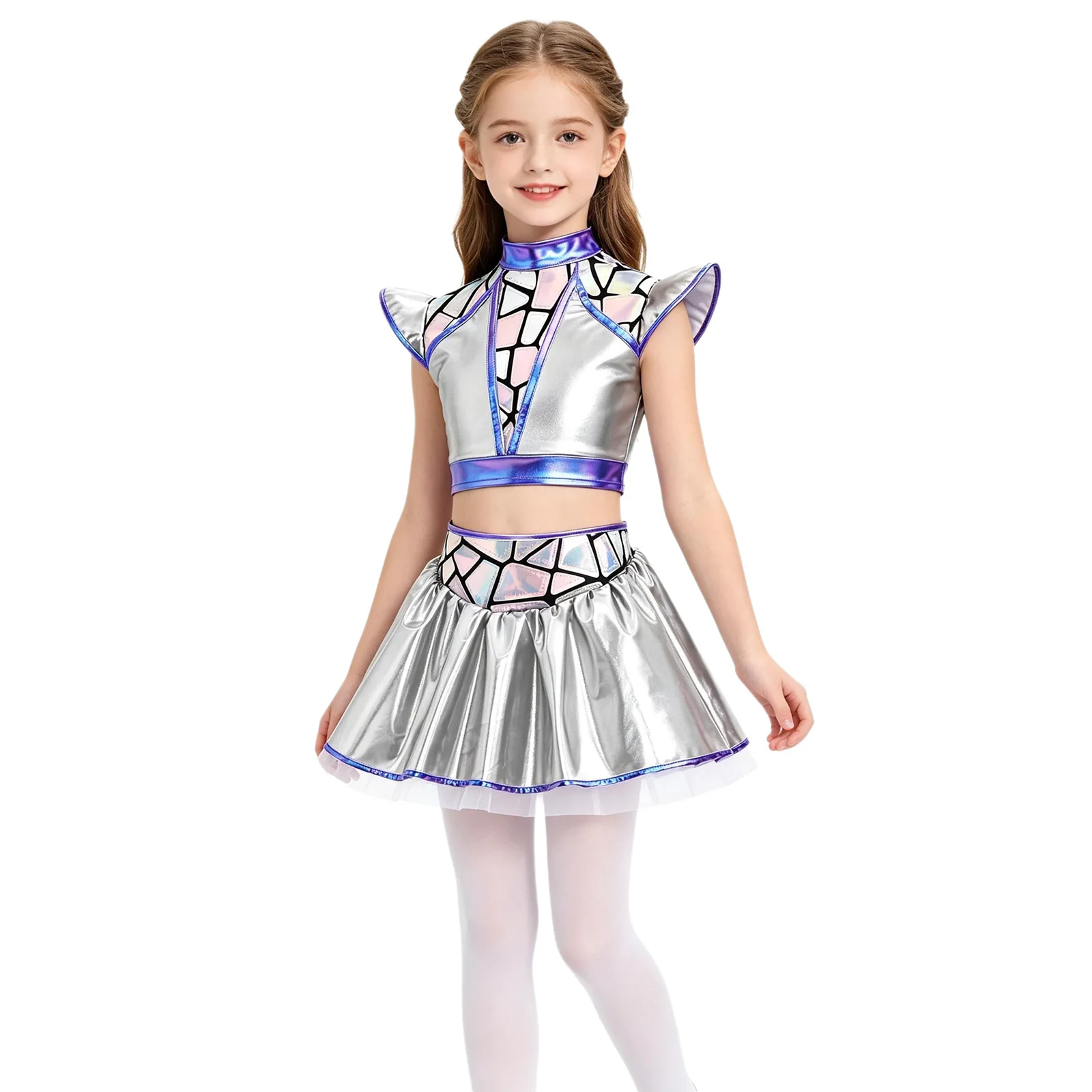 Girls Cheerleader Costume Alien Cosplay Jazz Hip Hop Cheerleading Outifts Metallic Back Zipper Crop Top Layered Ruffled Skirt