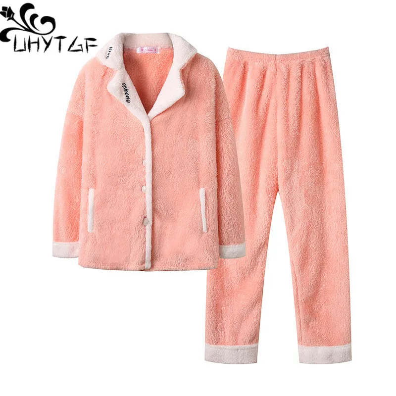 

UHYTGF Flannel Pajamas Women's Autumn Winter Two-Piece Set Sleepwear Ladies Warm Home Clothes Nightgown Female Pijama Mujer 2549