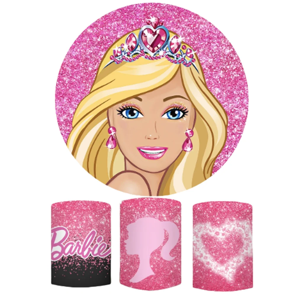 

Barbie Princess Round Backdrop 3 Cylinder Cover Background For Photography Baby Shower Birthday Party Dessert Table Decoration