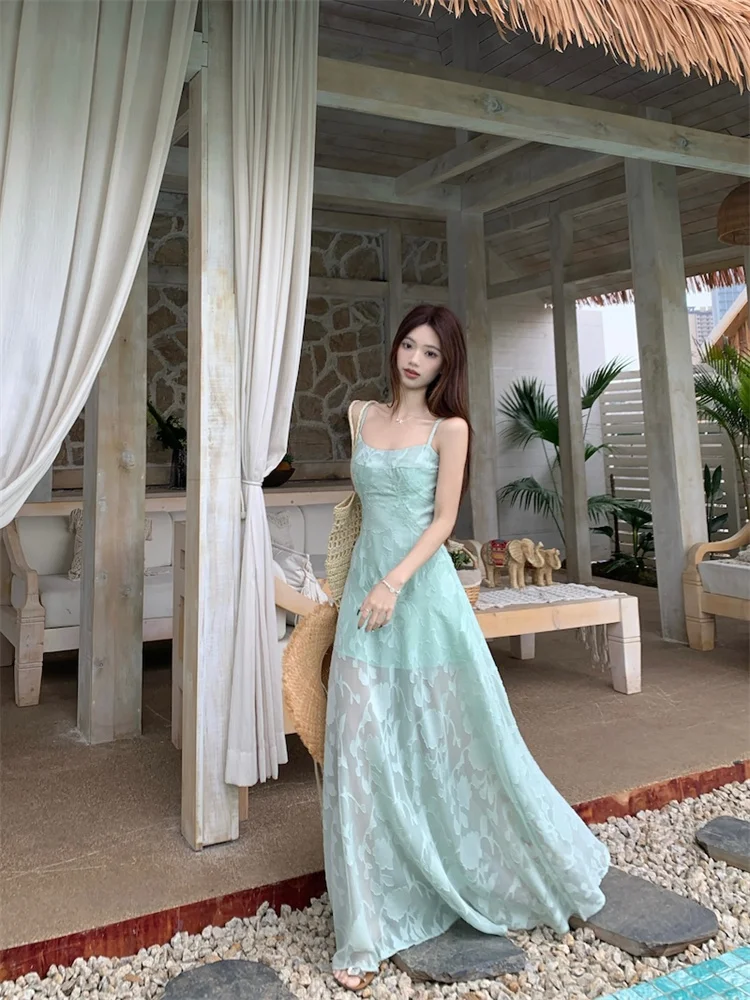 2025 休暇スタイルミントグリーンキャミソールドレス女性の夏の妖精レースウエスト締め A ラインロングドレス甘いローブロング