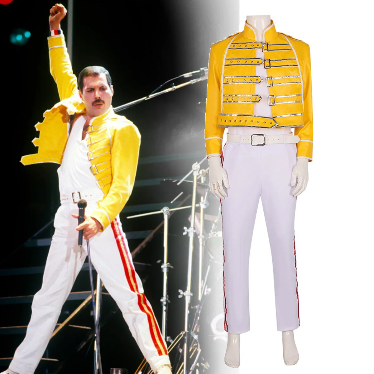 Chaqueta de PU amarilla Wembley Rock Star para adultos de los años 80, disfraz de Halloween, banda de Rock, Freddie Mercury, Cosplay para hombres