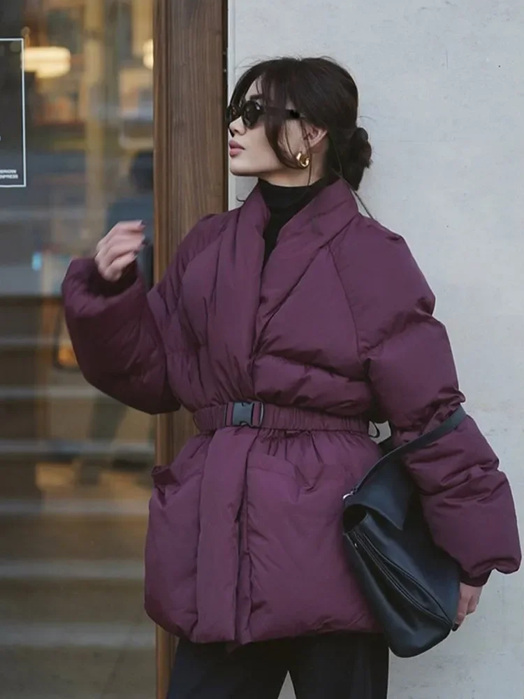 Chaqueta gruesa y cálida Borgoña para mujer, abrigos de invierno de alta calidad con cuello de pico a la moda, ropa de calle elegante para oficina