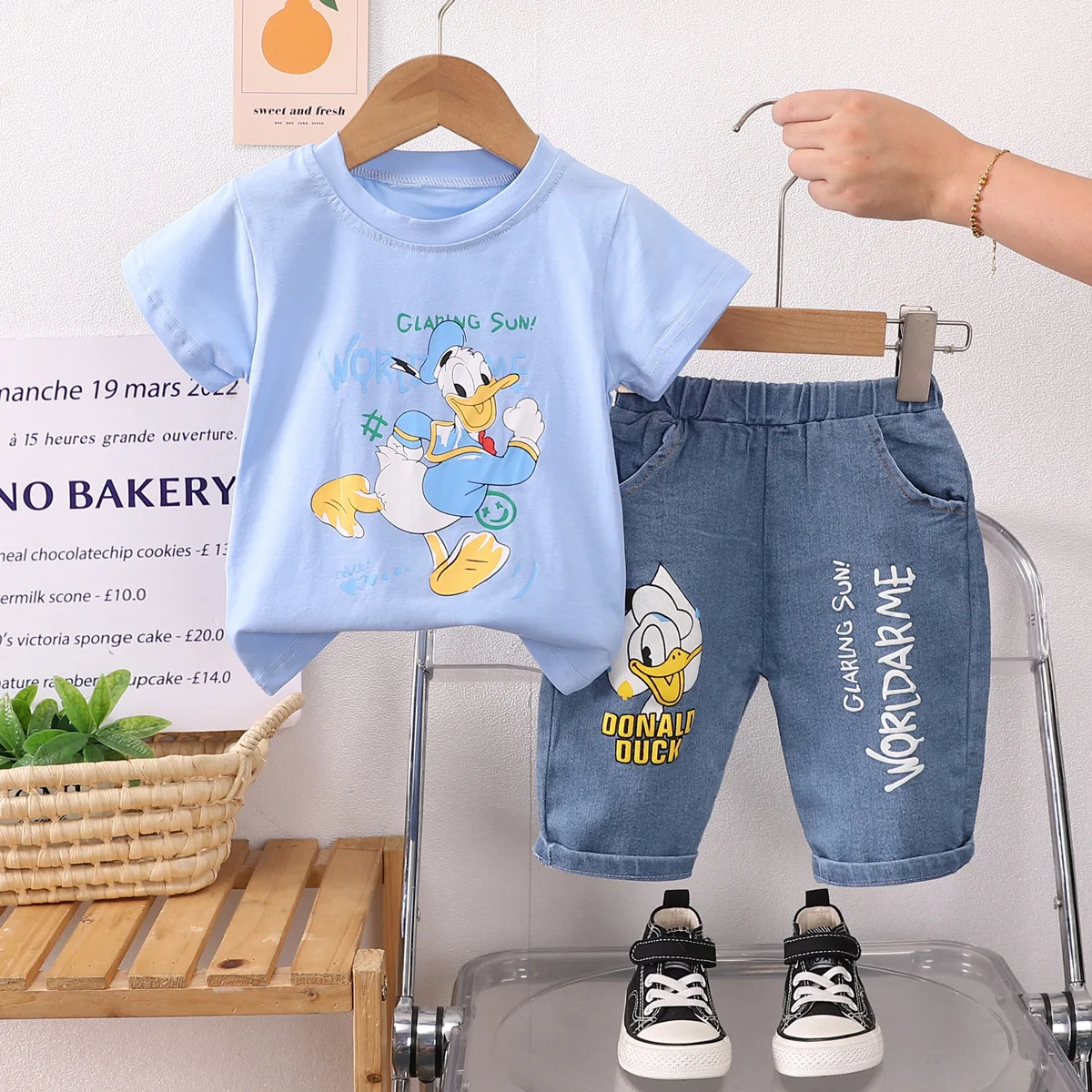 Donald Duck Children's Boys Set Summer Cotton Short sleeve T Shirt+Denim shorts boy Clothing set 2pcs for 0-4Years