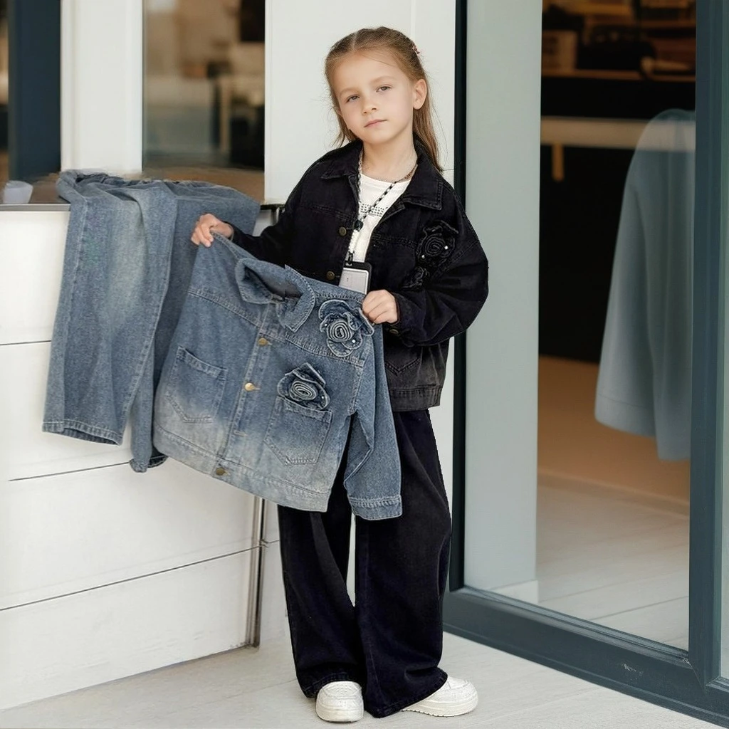 

Girls Denim Set Autumn Fashion 2pc Outfit Trendy Flower Design Jacket Wide Leg Jeans Stylish Casual Wear for Teens Blue/Black