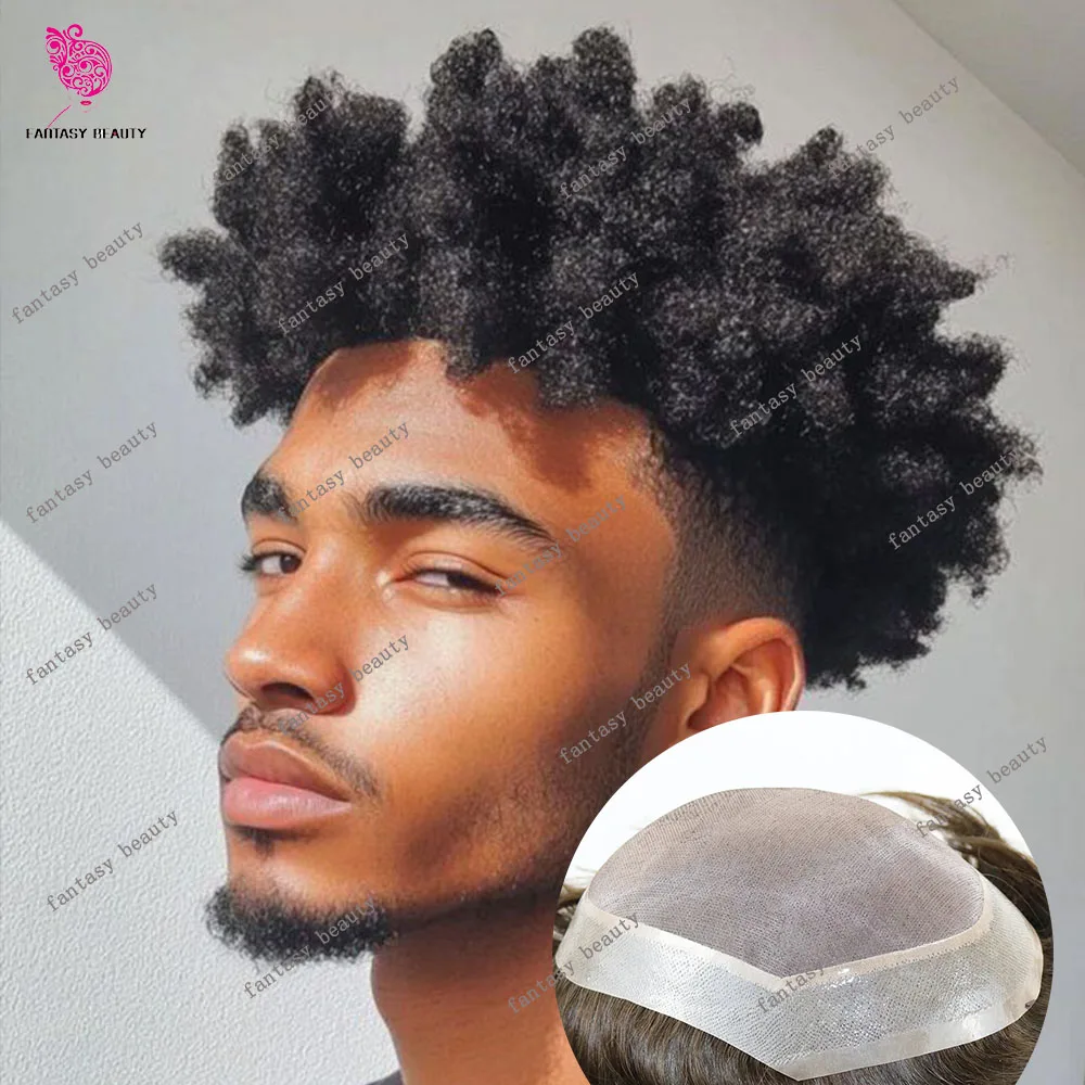 4mm 6mm Kinky Curly Afro Black Men's Super Durable Mono PU Man Toupee Remy Human Hair African America System Prosthesis Capillar