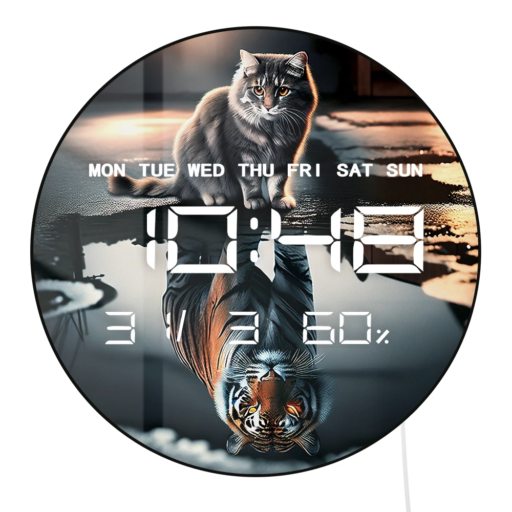 Cat Tiger Reflection LED Digital Wall Clock with Calendar Date Temperature Auto Dimming 12/24 Hour Format Electronic Wall Clock