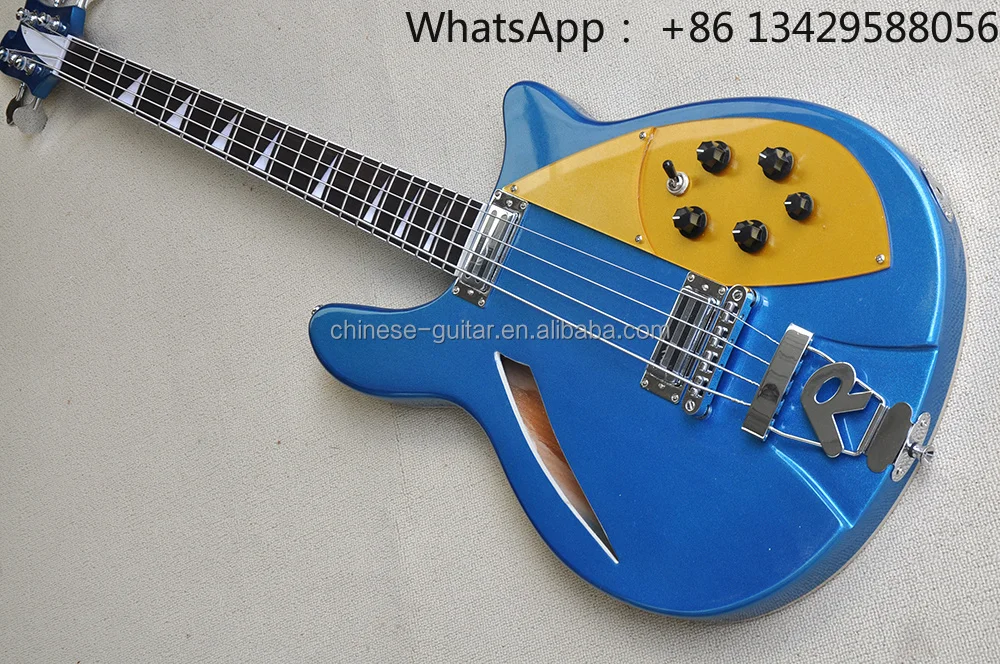 Flyoung factory Metal Blue Electric Bass Guitar 4 Strings Bass Semi-Hollow Body