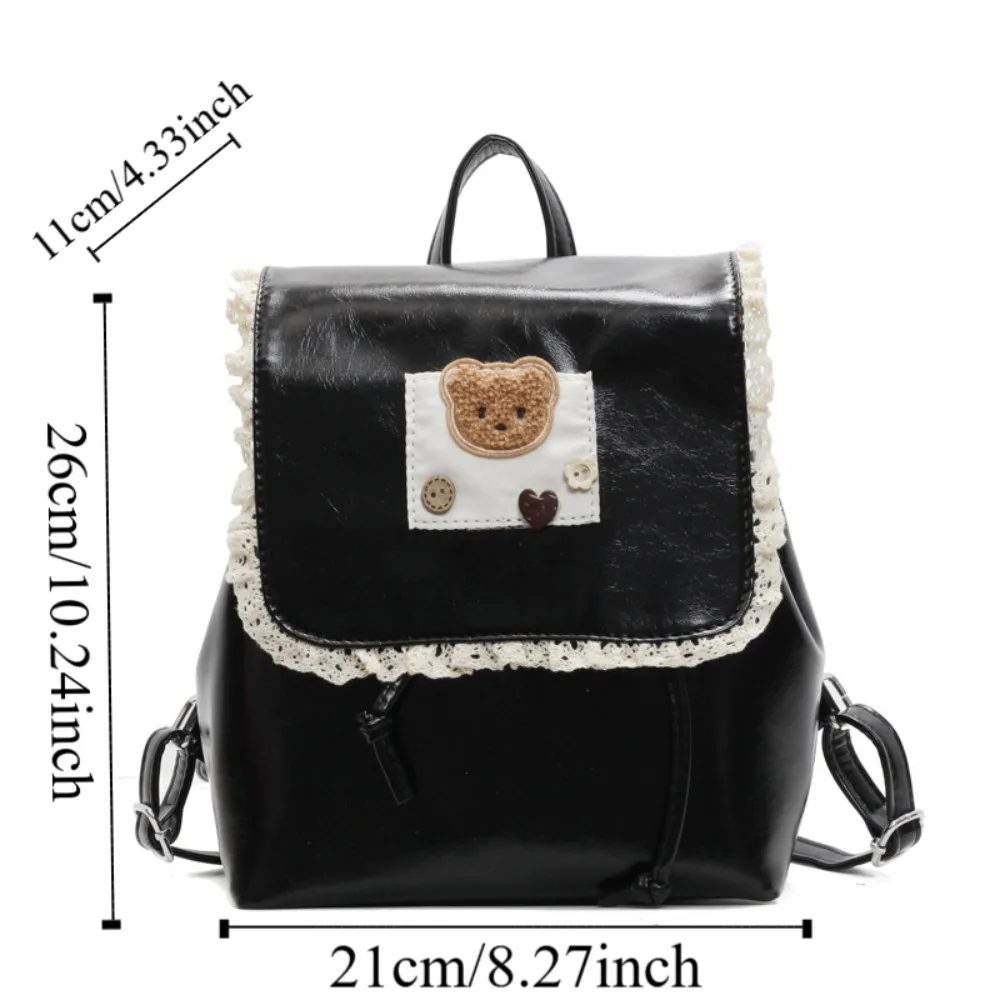 Sweet Ruffled Lace Fashion Backpack PU Leather Top Handle Drawstring Backpack Casual Ballet Style Cute Bear Knapsack Women