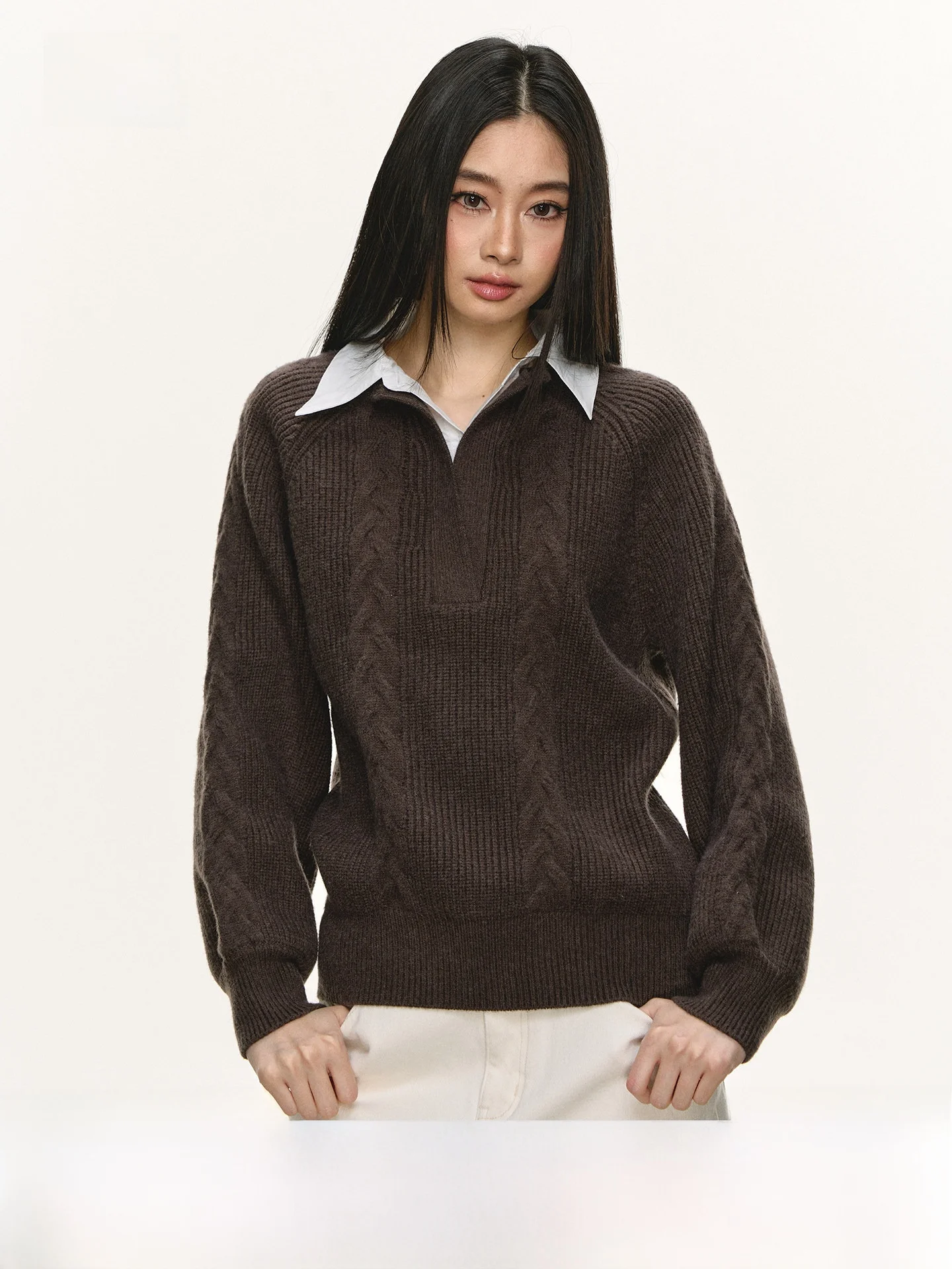 

Anna Aneae Women's Loose Knitted Sweater Casual Sle Long Sve Turn-down Collar Twist Flower Patterned Casual Spring Autum...