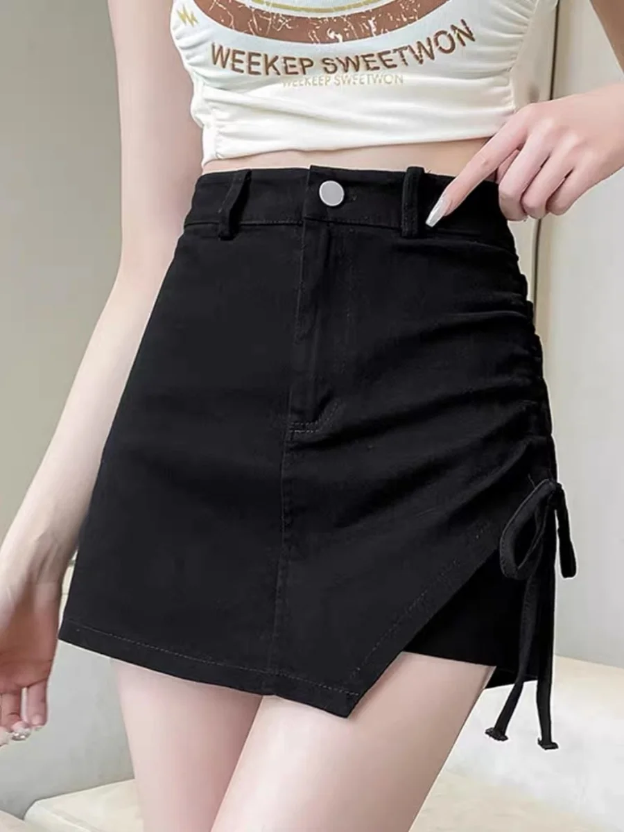 Hoge taille A-lijn rok voor dames in Bla Zomer Afslankende geplooide asymmetrische ort-rok Koreaanse Sle Pendelen