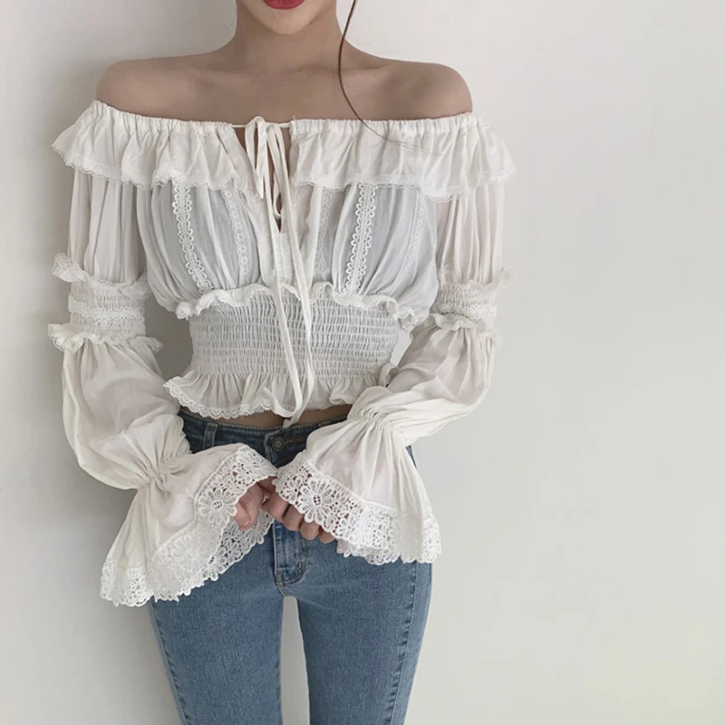

Slash Neck White Shirts Women Fashion Sexy Cropped Ruffles Lace Up Blouses Summer Korean Elegant Flare Long Sleeve Design Tops
