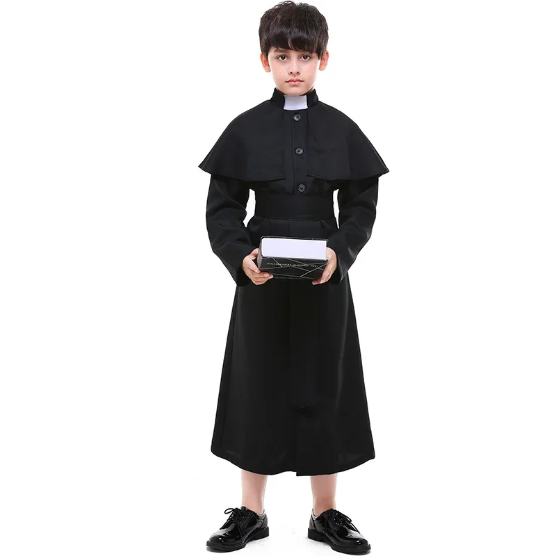 Trajes de Halloween para crianças, Trajes de Páscoa para meninos, padre padre, pregador, clérigo, Cosplay Fantasy Robe for Kids