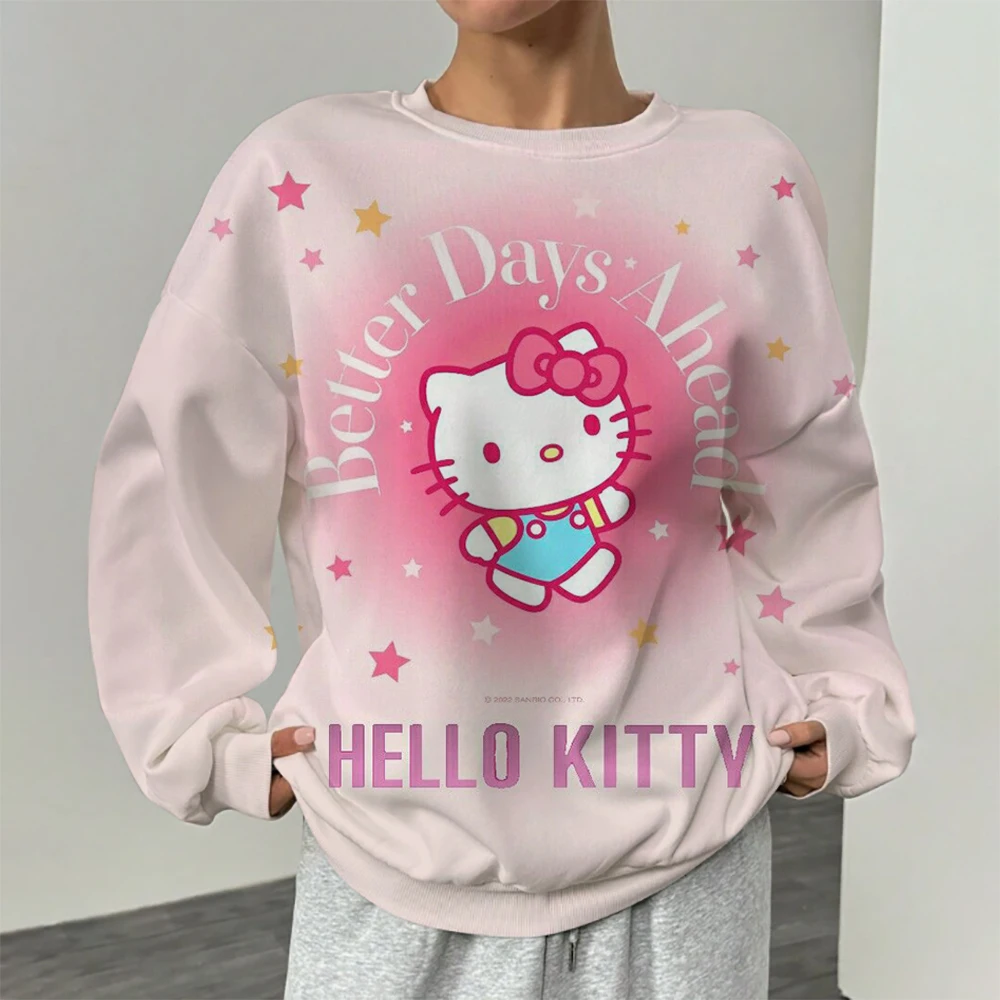 Women's Hello Kitty Printed Sweatshirt, High Street Women's Hoodie, Y2K Pattern Clothing, Casual Round Neck Sweater