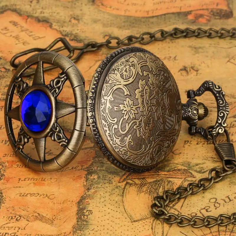 Reloj de bolsillo de cuarzo para hombre y mujer, pulsera con colgante de cadena, piedra Esmeralda, Jade azul, timón hueco, Steampunk, cielo estrellado, regalos de antigüedades