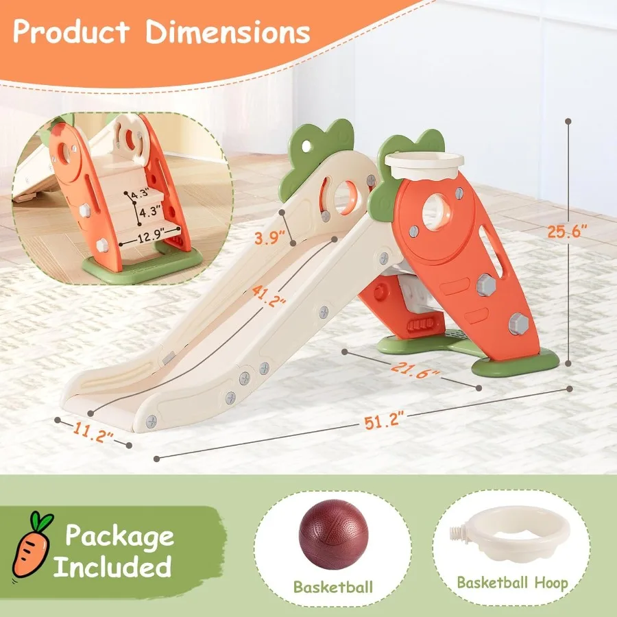 BIERUM Toddler Slide 3 in 1 Indoor Foldable Slide for Toddlers Age 1-2 Carrot Theme Freestanding Slide Baby Play Slide Indoor a