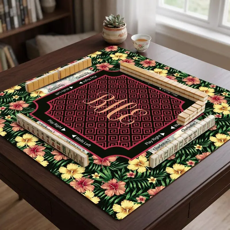 VIKAMA Tropical Hibiscus Floral Mahjong Mat Non Slip Shock Absorb Washable Square Pad For American Mahjong Indoor Table Play