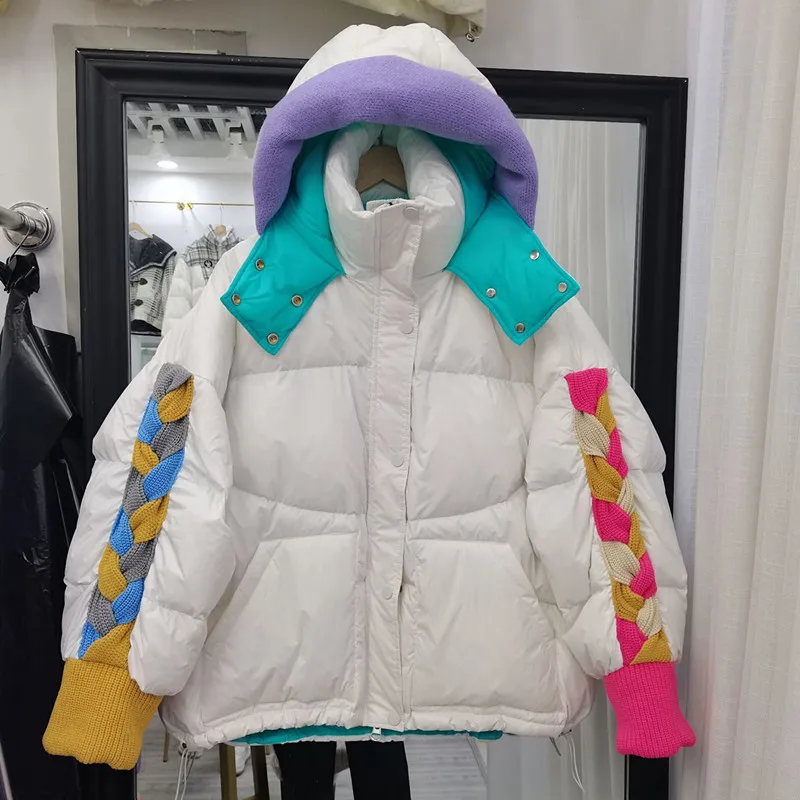 2022 New Winter Women Fashion Patchwork White Duck Down Jacket Female Hooded Warm Thicken Feather Outwear s471