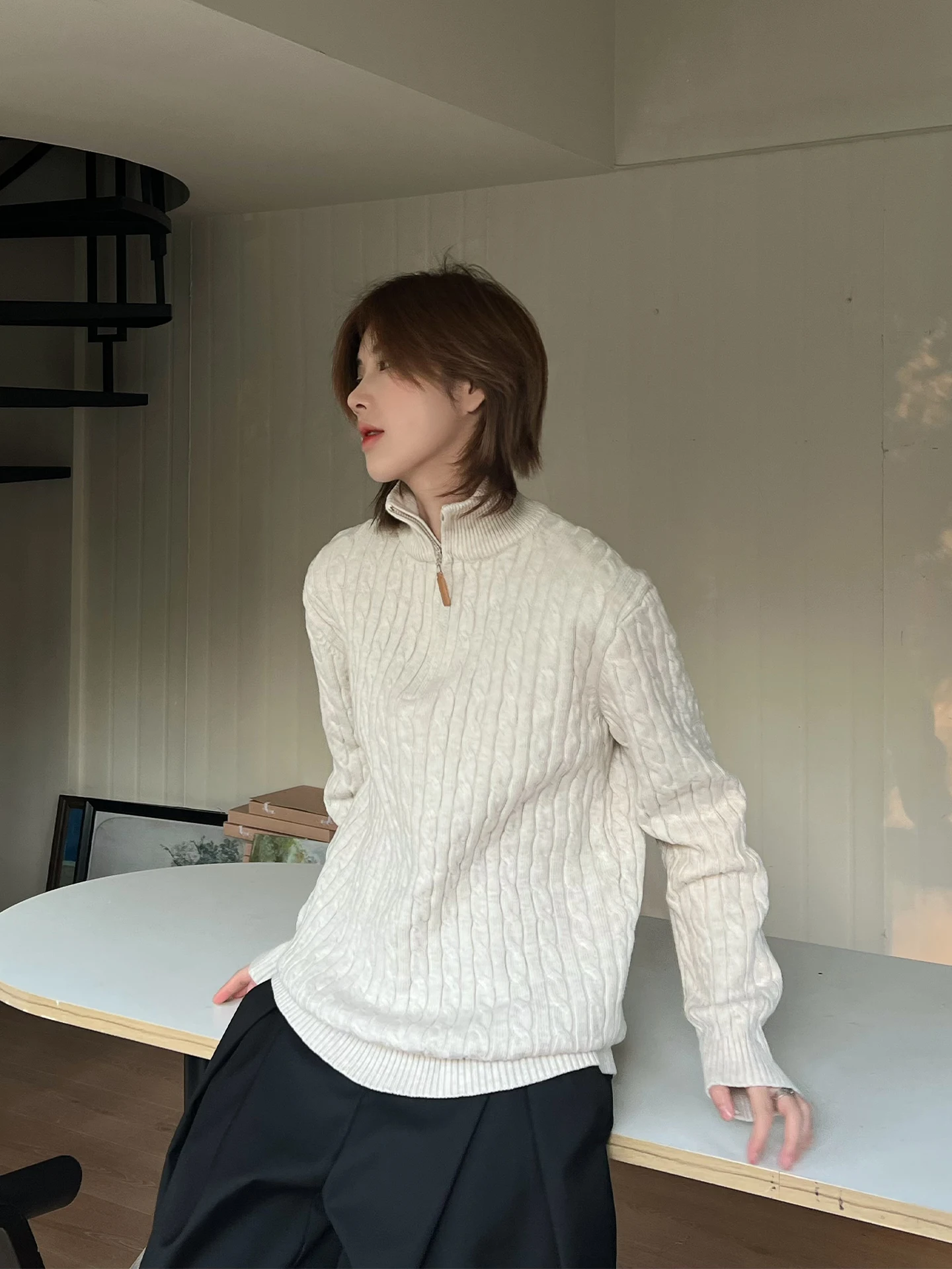 

Ja1 Never Stay up Late Half Zip 3D Knotted Sweater Unisex Color Simple Stand Collar Apricot Knitted Shirt Women's Fashion