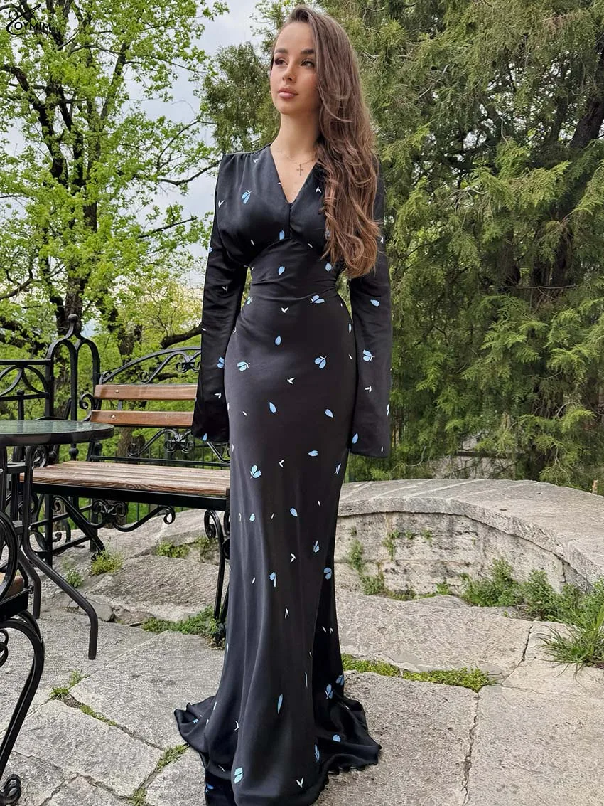Oymimi elegante vestido feminino estampado preto moda cetim com decote em v manga comprida vestidos de renda outono cintura alta vestidos até o chão