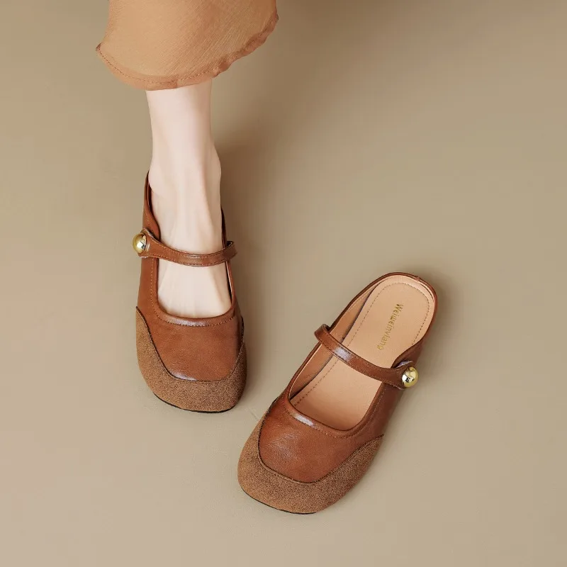 

New Women's Shoes Exquisite Soft Leather Mueller Slippers for Woman Fashion Round Head Casual Shoes Designer Shoes Zapatos Mujer