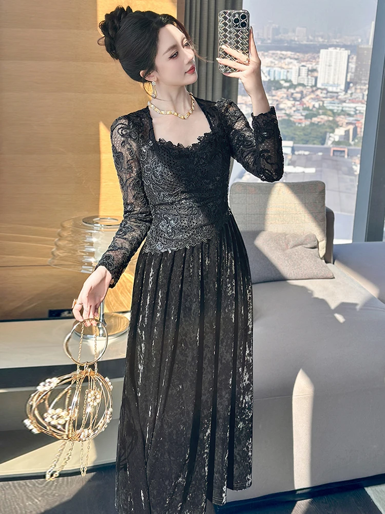 Vrouwen Kant Fluwelen Retro A-lijn Maxi Jurk Elegante Sexy Sheer Vierkante Hals Slanke Gewaad Formele Feestjurk Vrouwelijke Casual Herfst Winter