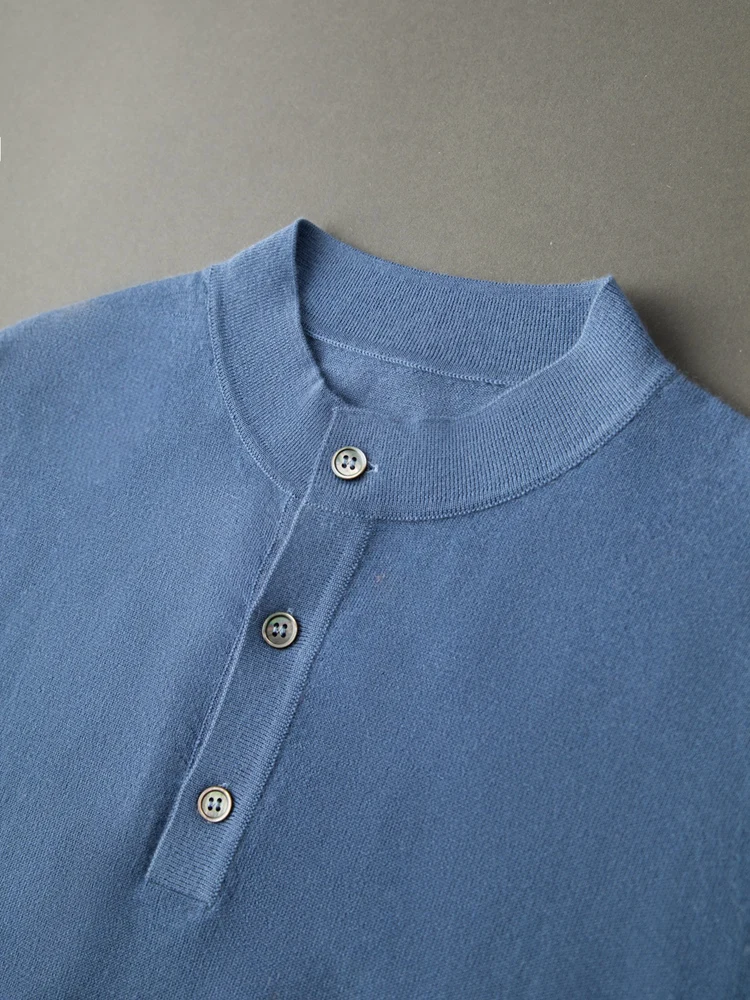 CHICUU Luxury Men 100% Cashmere Pullover Buttons Mock Neck Long Sleeve Sweater Worsted Cashmere Knit Breathable Clothing